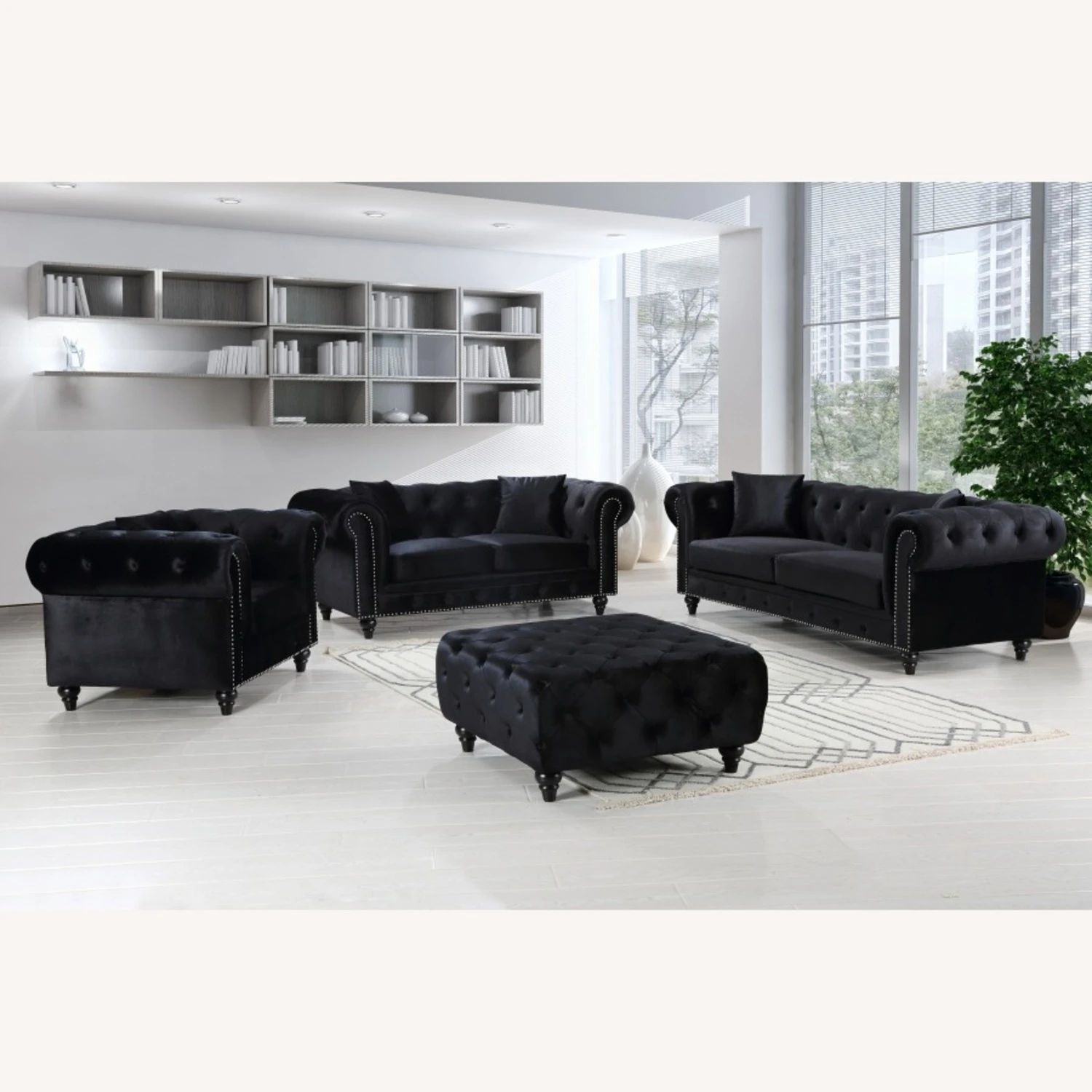 Other Sofa In Black Linen Upholstery W/ Wood Frame 7 Other Sofa In Black Linen Upholstery W/ Wood Frame - Image 7