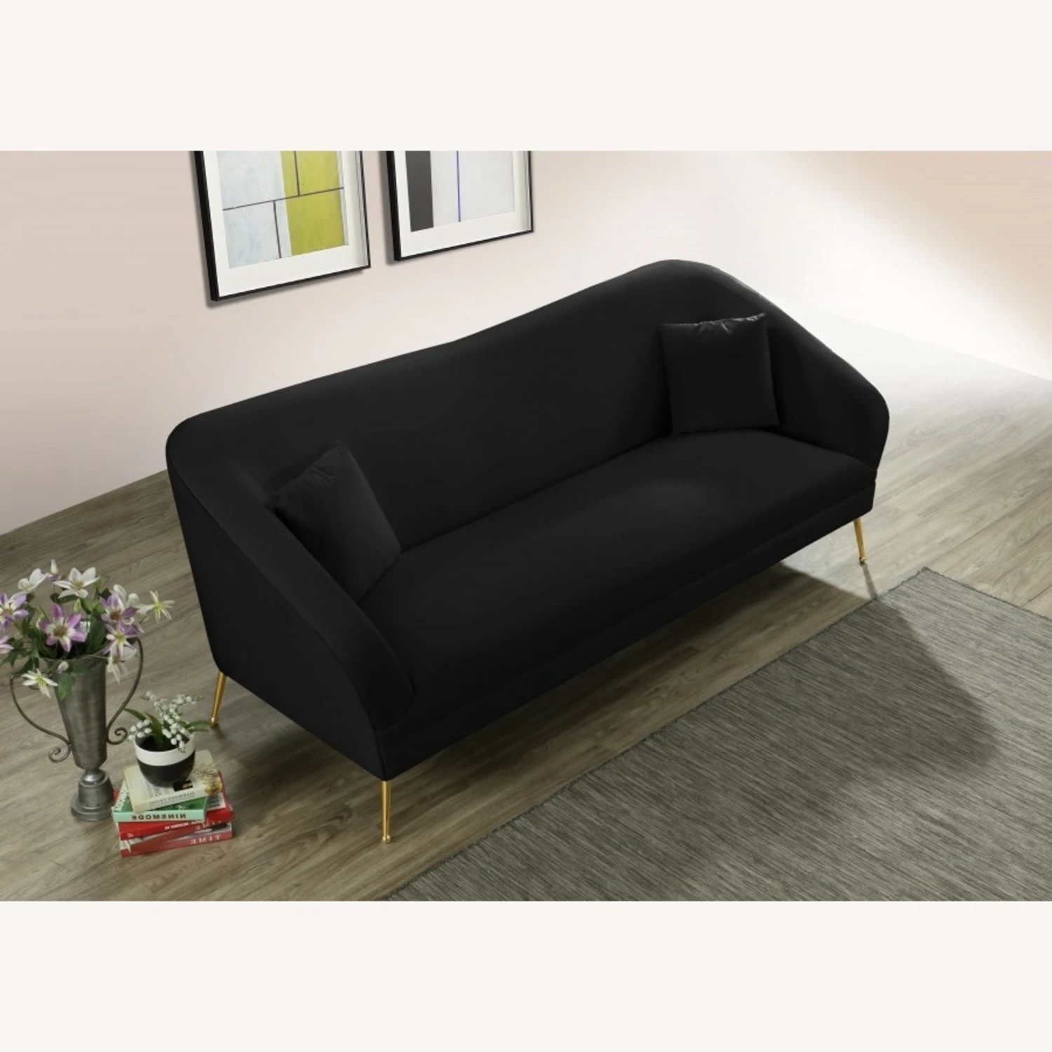 Other Sofa In Black Velvet W/ Curved Arms & Back 2 Other Sofa In Black Velvet W/ Curved Arms & Back - Image 2