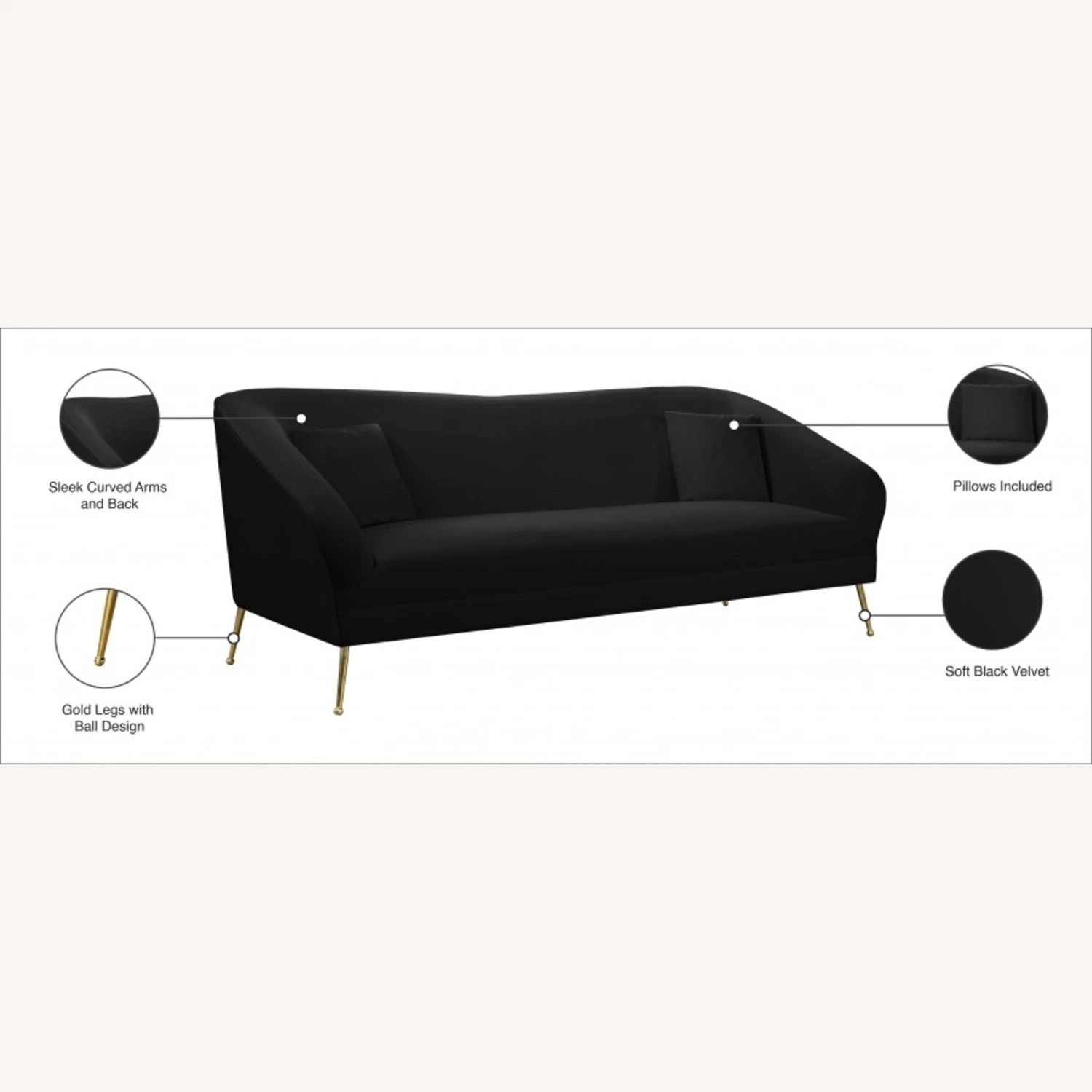 Other Sofa In Black Velvet W/ Curved Arms & Back 4 Other Sofa In Black Velvet W/ Curved Arms & Back - Image 4
