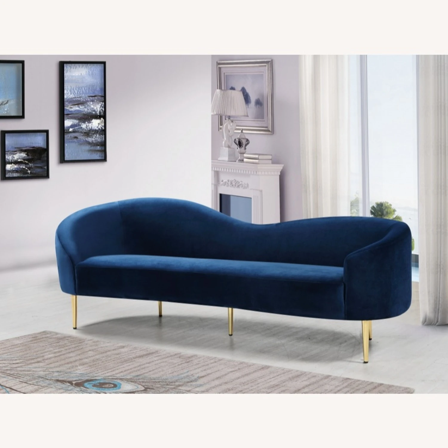 Other Contemporary Sofa In Navy Velvet W/ Curved Design 3 Other Contemporary Sofa In Navy Velvet W/ Curved Design - Image 3