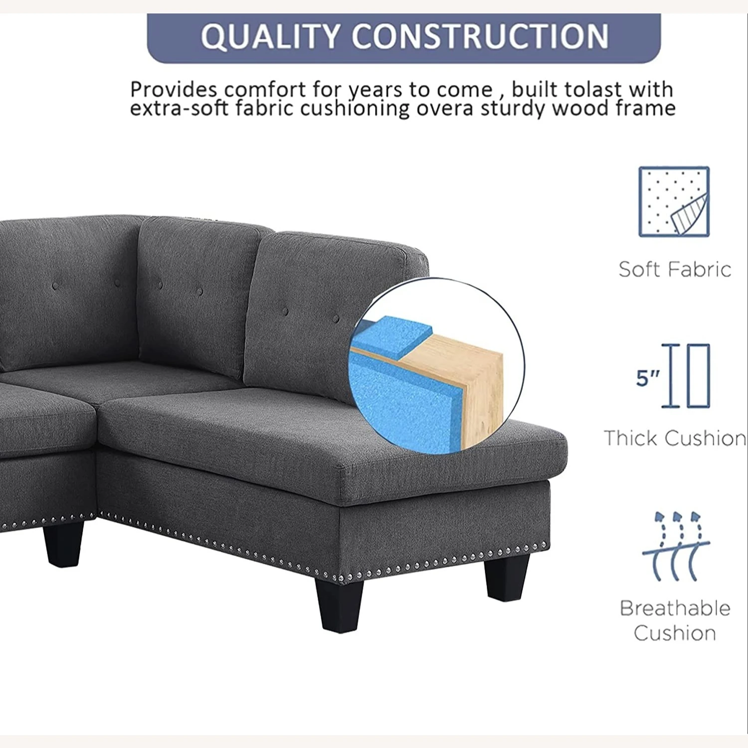 L-Shape Sectional Sofa With Ottoman -Right Chaise 2 L-Shape Sectional Sofa With Ottoman -Right Chaise - Image 2