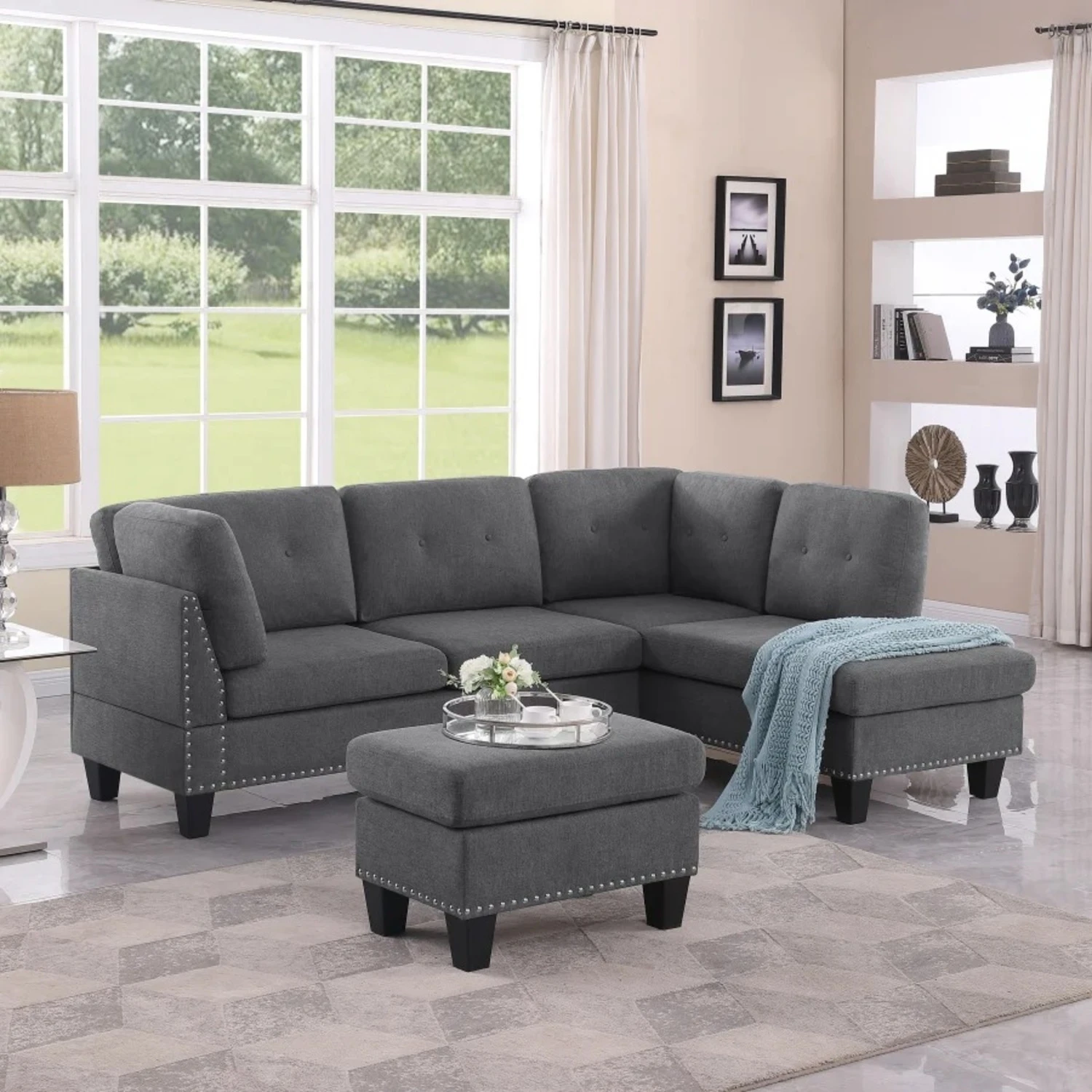 L-Shape Sectional Sofa With Ottoman -Right Chaise 4 L-Shape Sectional Sofa With Ottoman -Right Chaise - Image 4