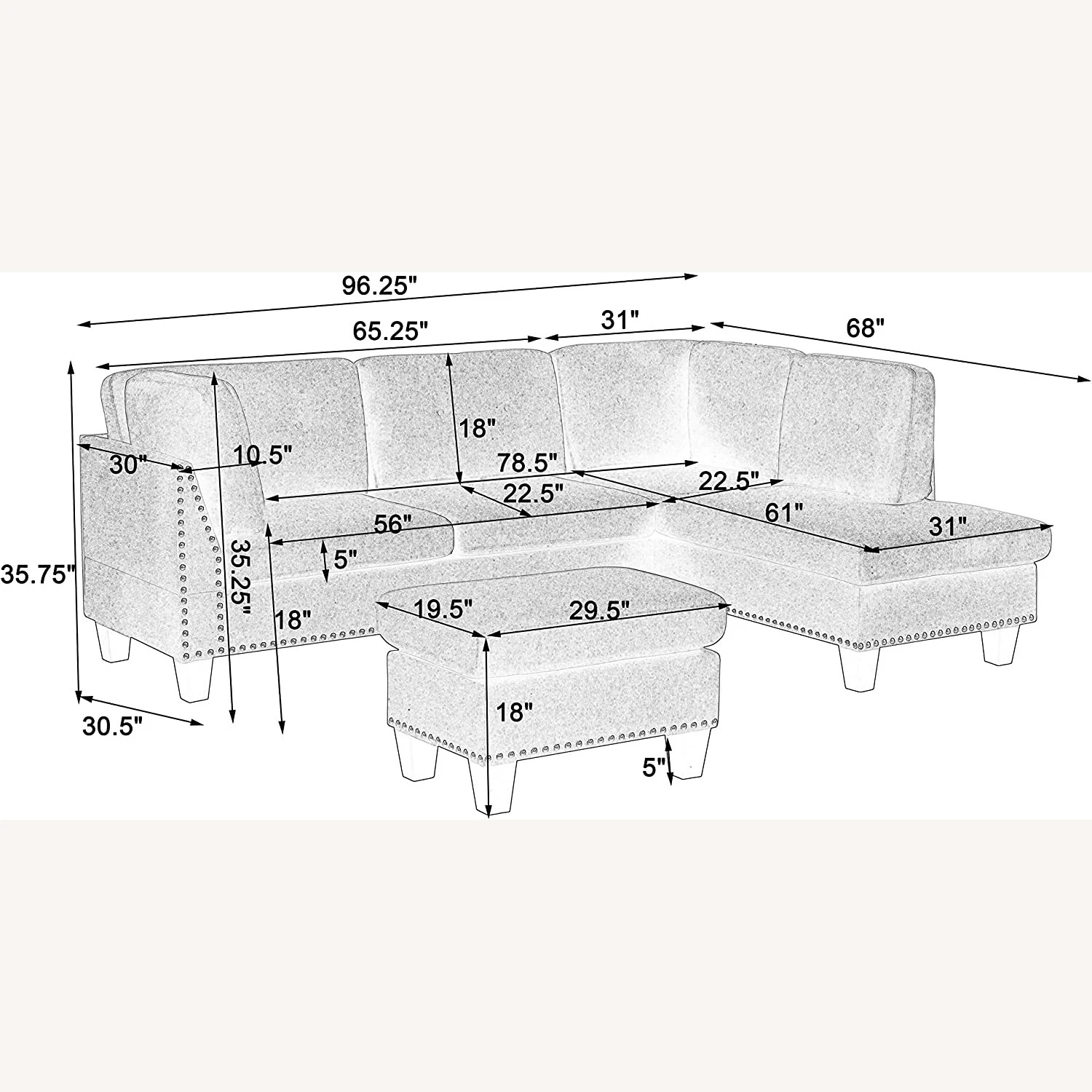 L-Shape Sectional Sofa With Ottoman -Right Chaise 7 L-Shape Sectional Sofa With Ottoman -Right Chaise - Image 7