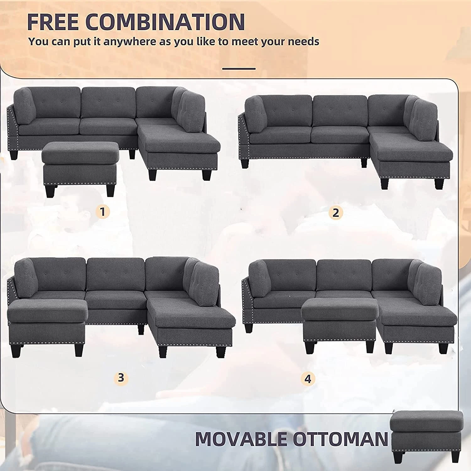 L-Shape Sectional Sofa With Ottoman -Right Chaise 8 L-Shape Sectional Sofa With Ottoman -Right Chaise - Image 8
