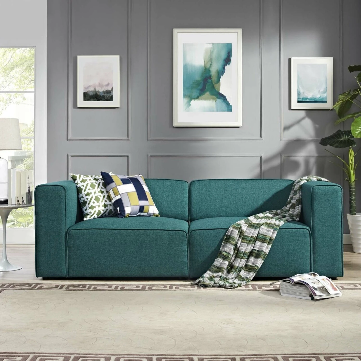 Other 2-Piece Sectional In Teal Fabric W/ Trim Lining 5 Other 2-Piece Sectional In Teal Fabric W/ Trim Lining - Image 5